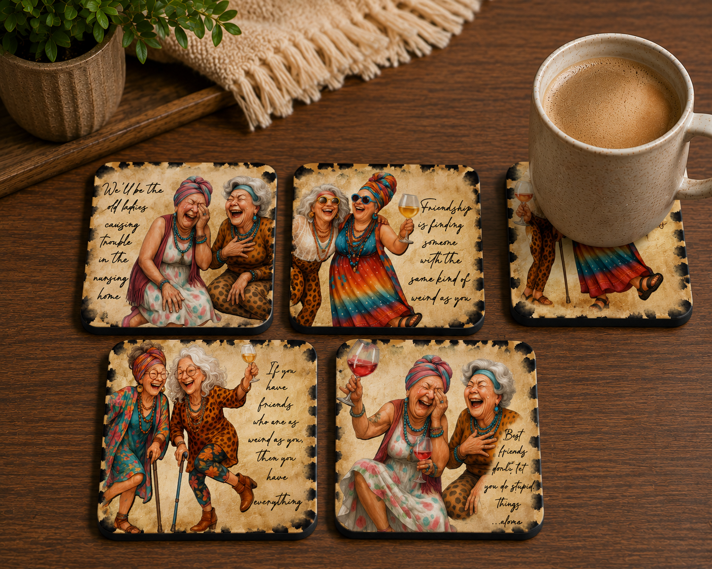 coaster with artwork of laughing elderly women holding glasses of wine, surrounded by four similar coasters with vintage-style illustrations and quotes about friendship and aging, on a wooden table with a potted plant and a beige cloth in the background.