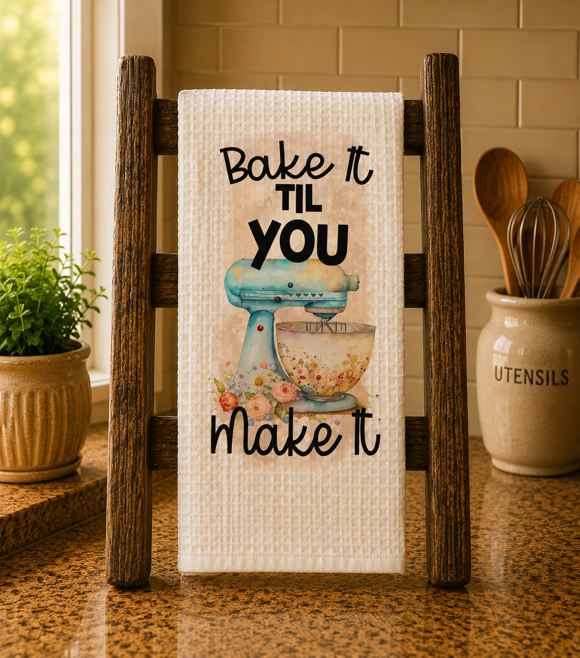 Whimsical 'Bake It Til You Make It' Kitchen Towel
