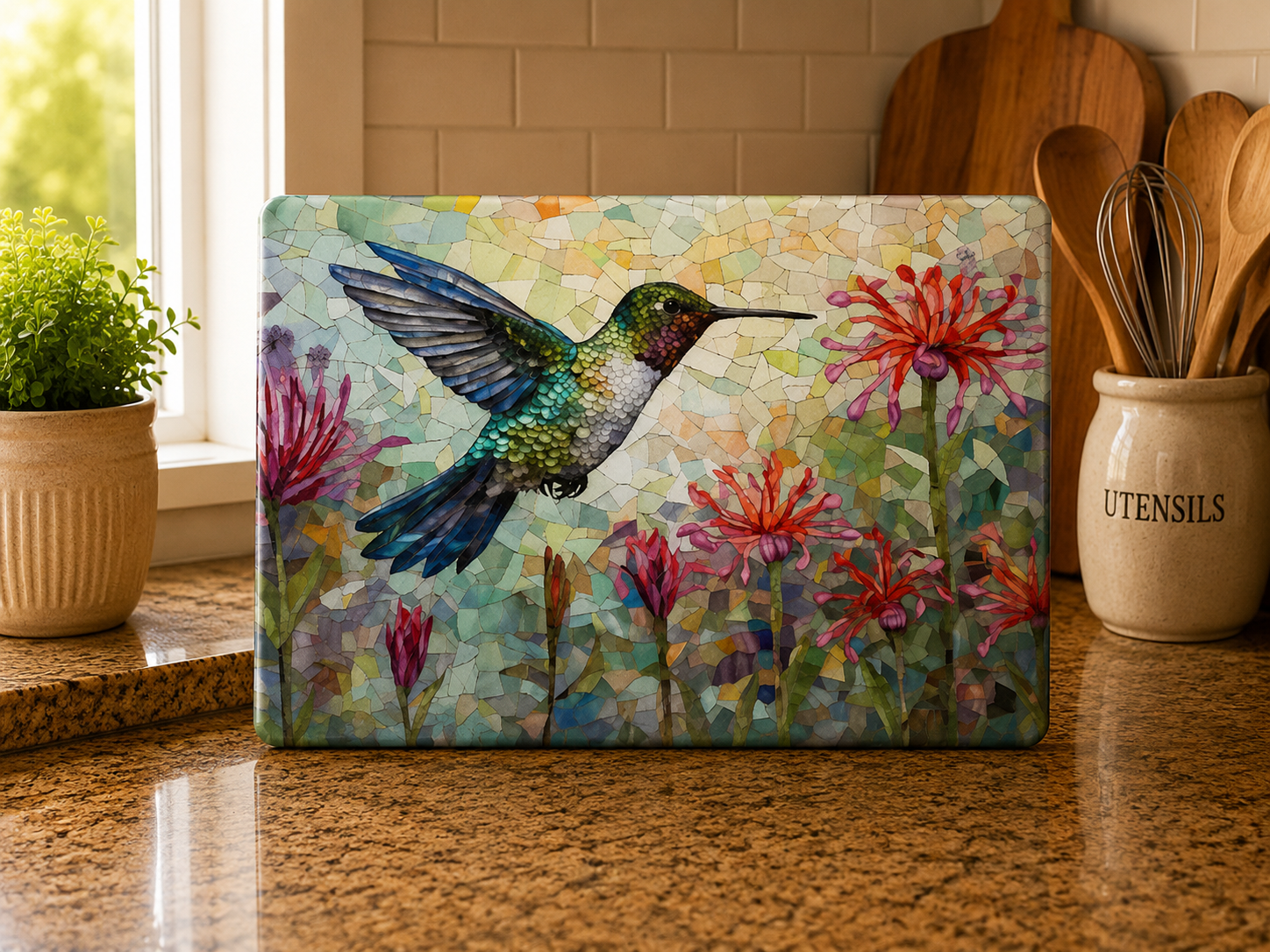 Vibrant Hummingbird Glass Cutting Board