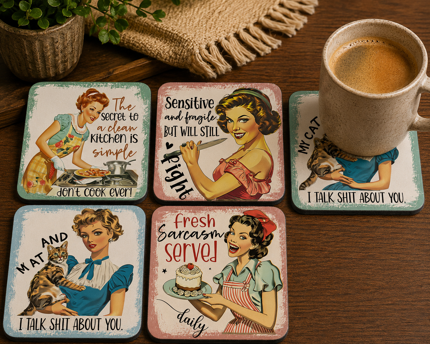 Vintage Humor Coasters - Set of 4