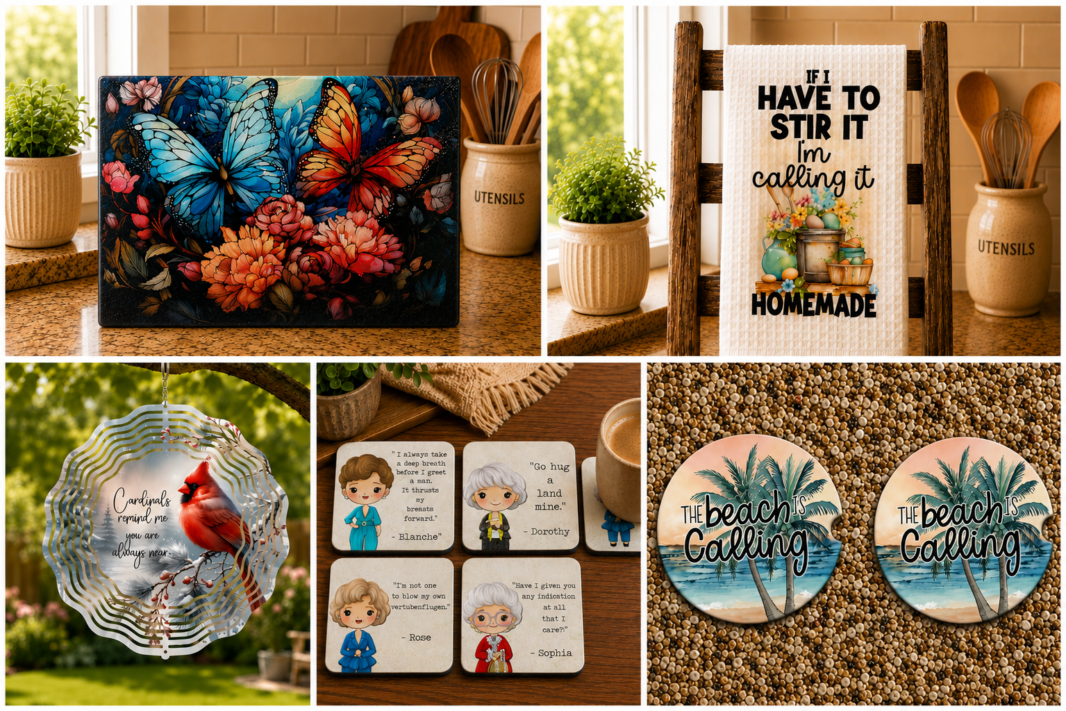Collection of home decor items including a butterfly-themed artwork, a framed quote reading "If I have to stir it, I'm calling it homemade," a decorative bird sculpture with the quote "Cardinals remind me you are always near," a set of illustrated quote cards featuring characters and quotes, two round signs with palm trees and the phrase "The beach is calling," and a small potted plant with utensils.
