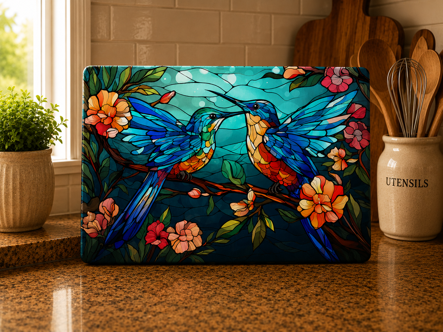Vibrant Hummingbird Glass Cutting Board