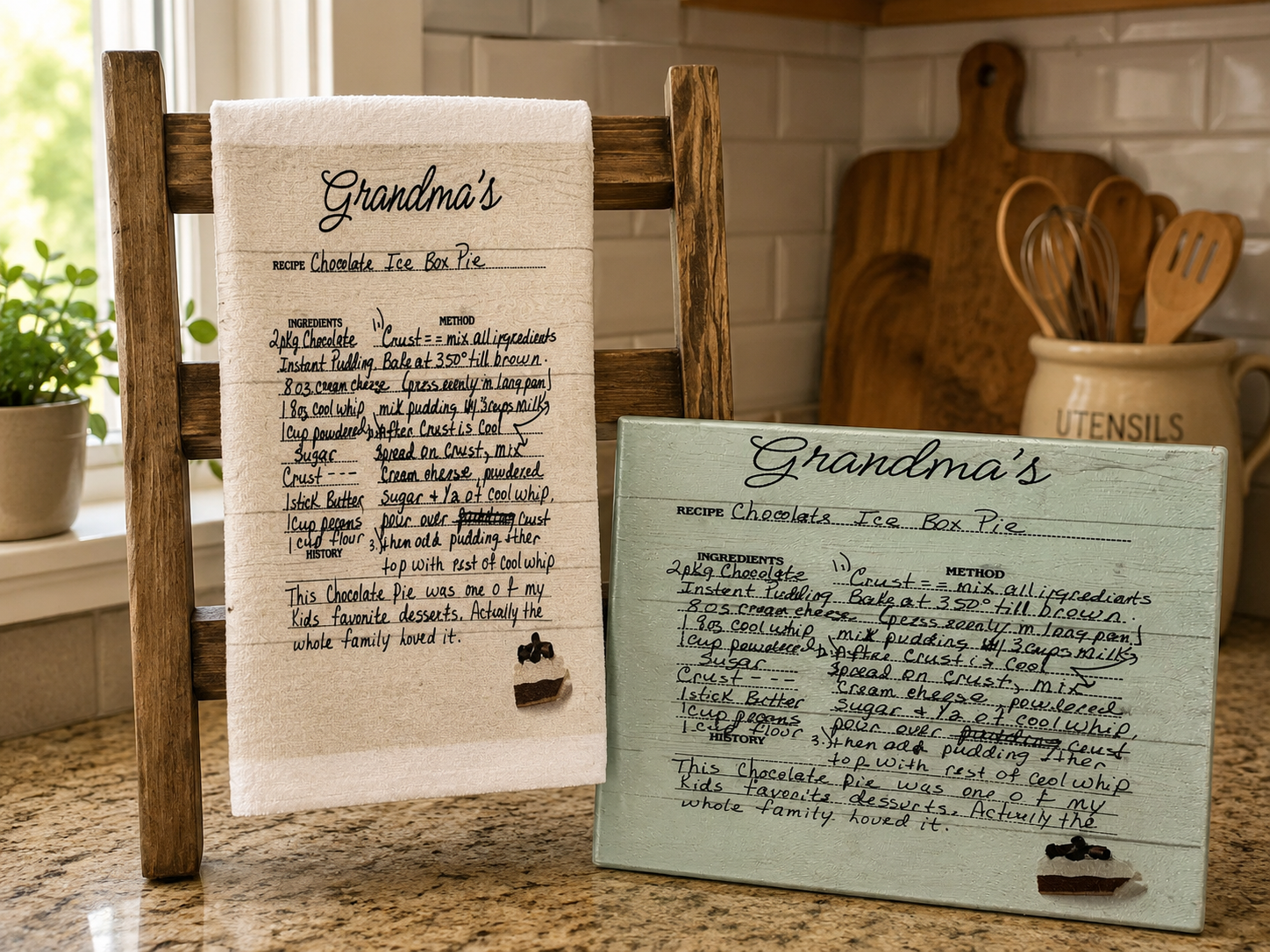 Two handwritten recipe cards for chocolate ice box pie, one white and one light green, displayed on a wooden stand in a kitchen. The cards have detailed ingredients and steps, with small decorative chocolate cake illustrations at the bottom. In the background, there are wooden cutting boards and a utensil holder with various utensils.