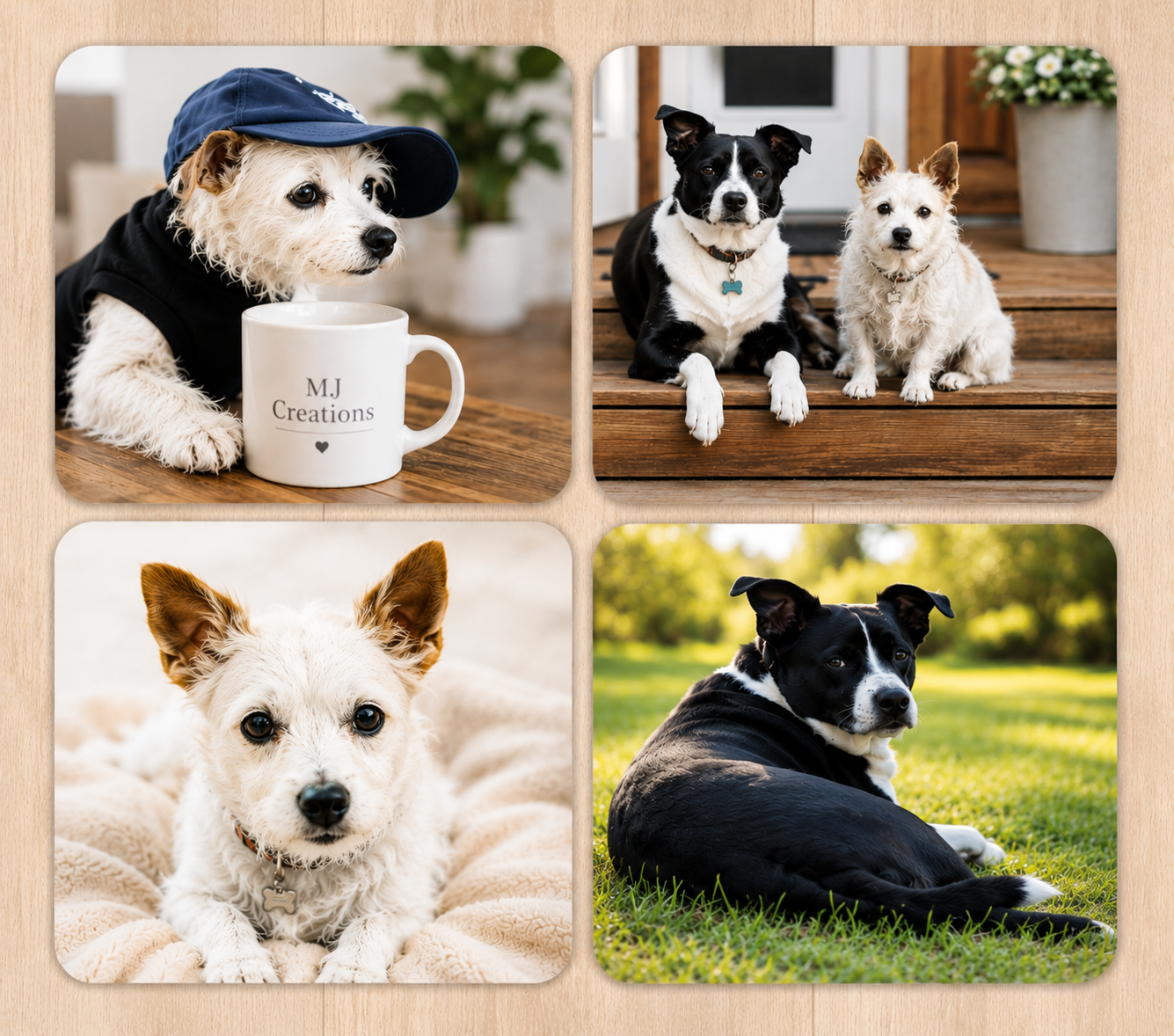 Four photos of adorable dogs. The top left shows a small white dog wearing a navy blue hat and hoodie sitting with a white mug that reads 'M.J Creations.' The top right features two small dogs, one black and white and the other cream, sitting on wooden stairs. The bottom left shows a close-up of a fluffy white dog lying on a beige blanket, looking directly at the camera. The bottom right depicts a black and white dog sitting on green grass with a blurred natural background.
