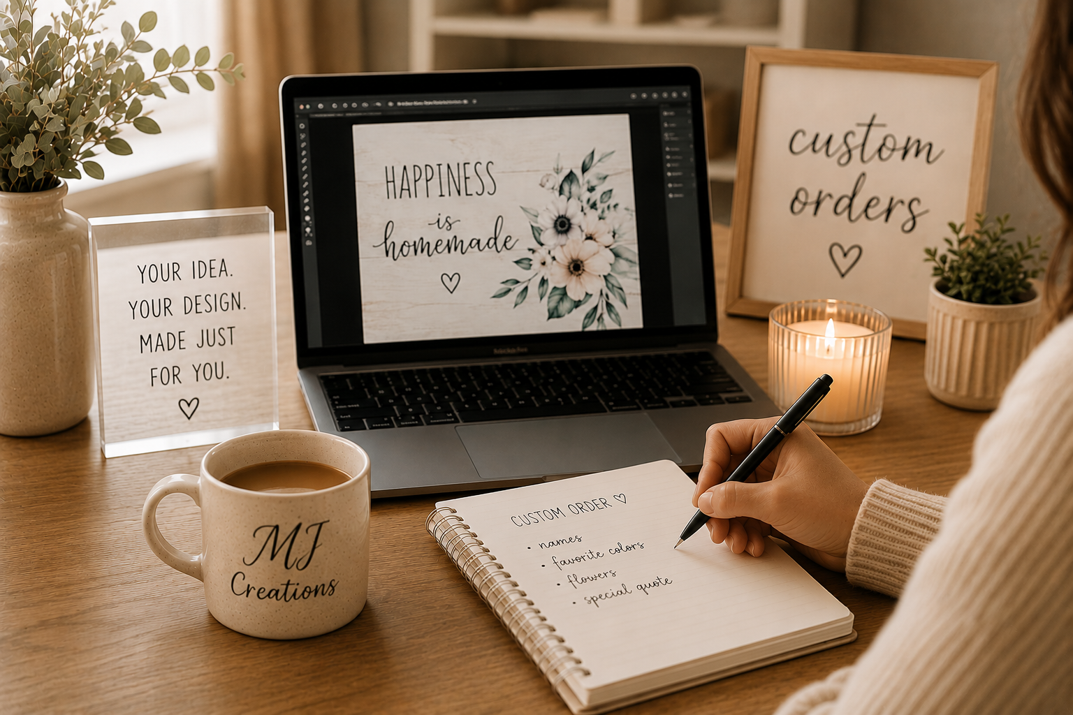 A person writing a custom order list on a notebook at a wooden desk. The desk has a laptop displaying a floral design with the text "Happiness is homemade," a mug with the initials "MJ Creations," a lit candle, and framed signs with the text "custom orders" and "Your idea. Your design. Made just for you." A small potted plant is also present.