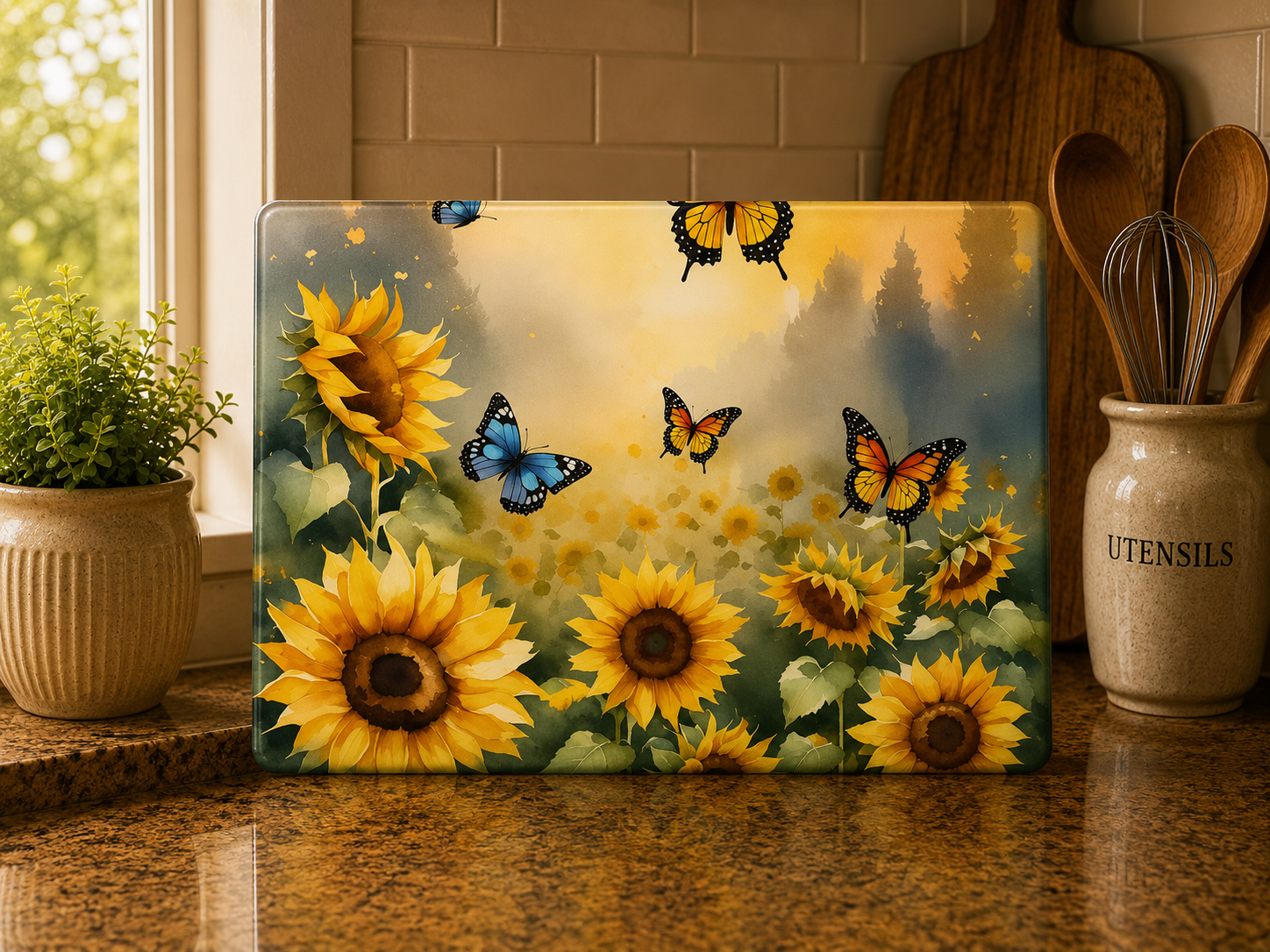 Sunflower & Butterfly Glass Cutting Board