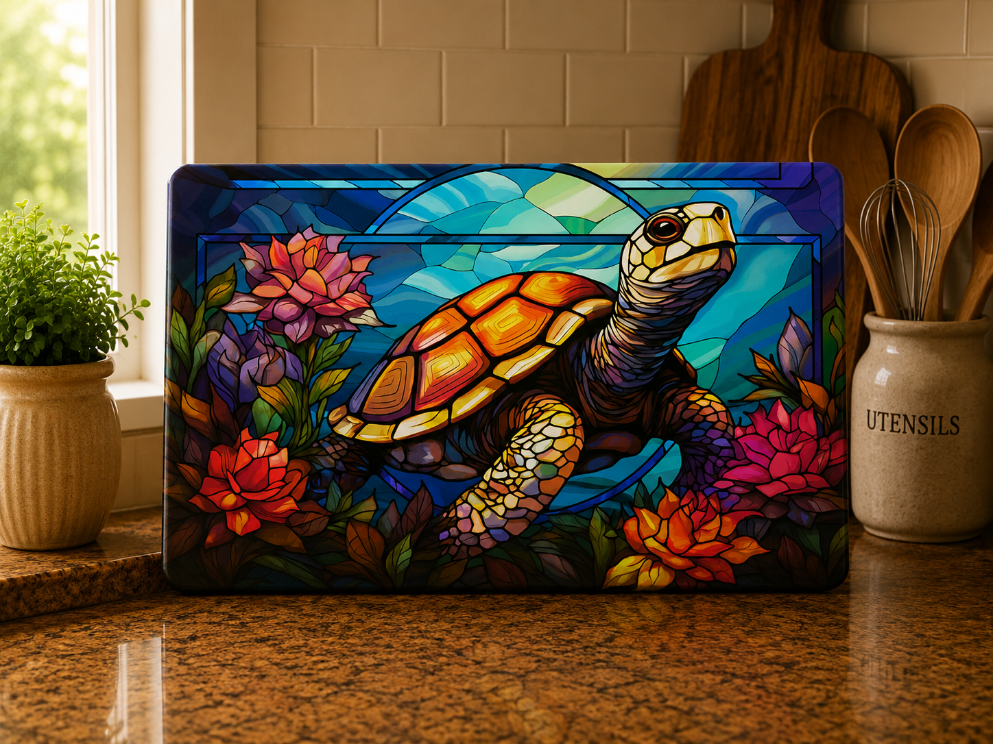 Vibrant Stained Glass Turtle Cutting Board