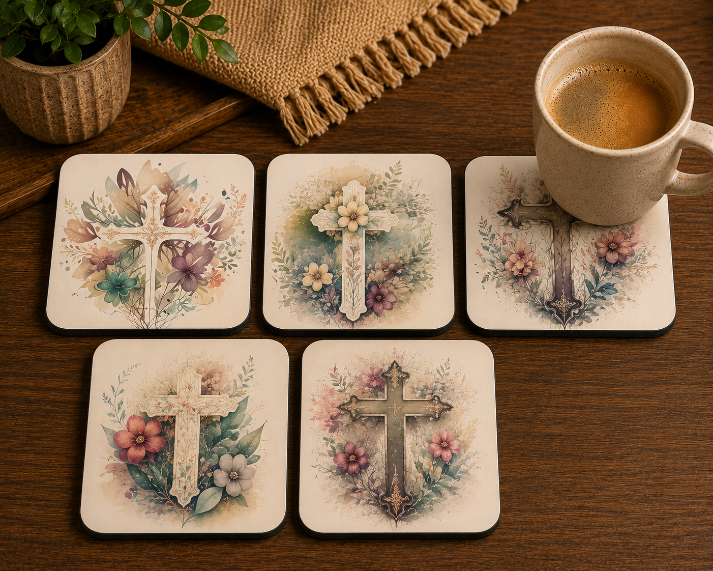 Elegant Cross & Floral Coasters - Set of 4