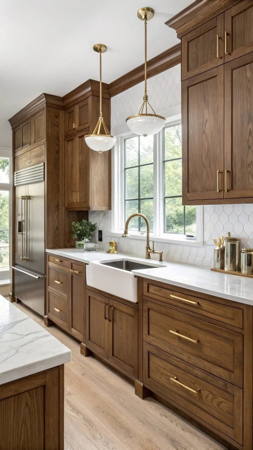 A modern kitchen with wooden cabinets, white marble countertops, gold fixtures, a white farmhouse sink, and large windows with trees outside.