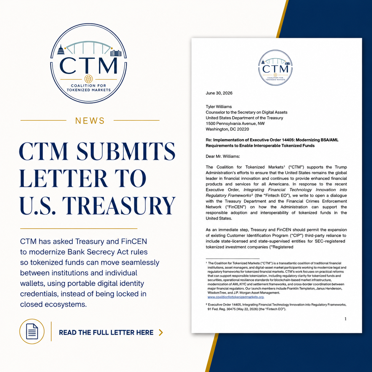 CTM Submits Treasury Letter on Modernizing BSA/AML Rules for Tokenized Funds