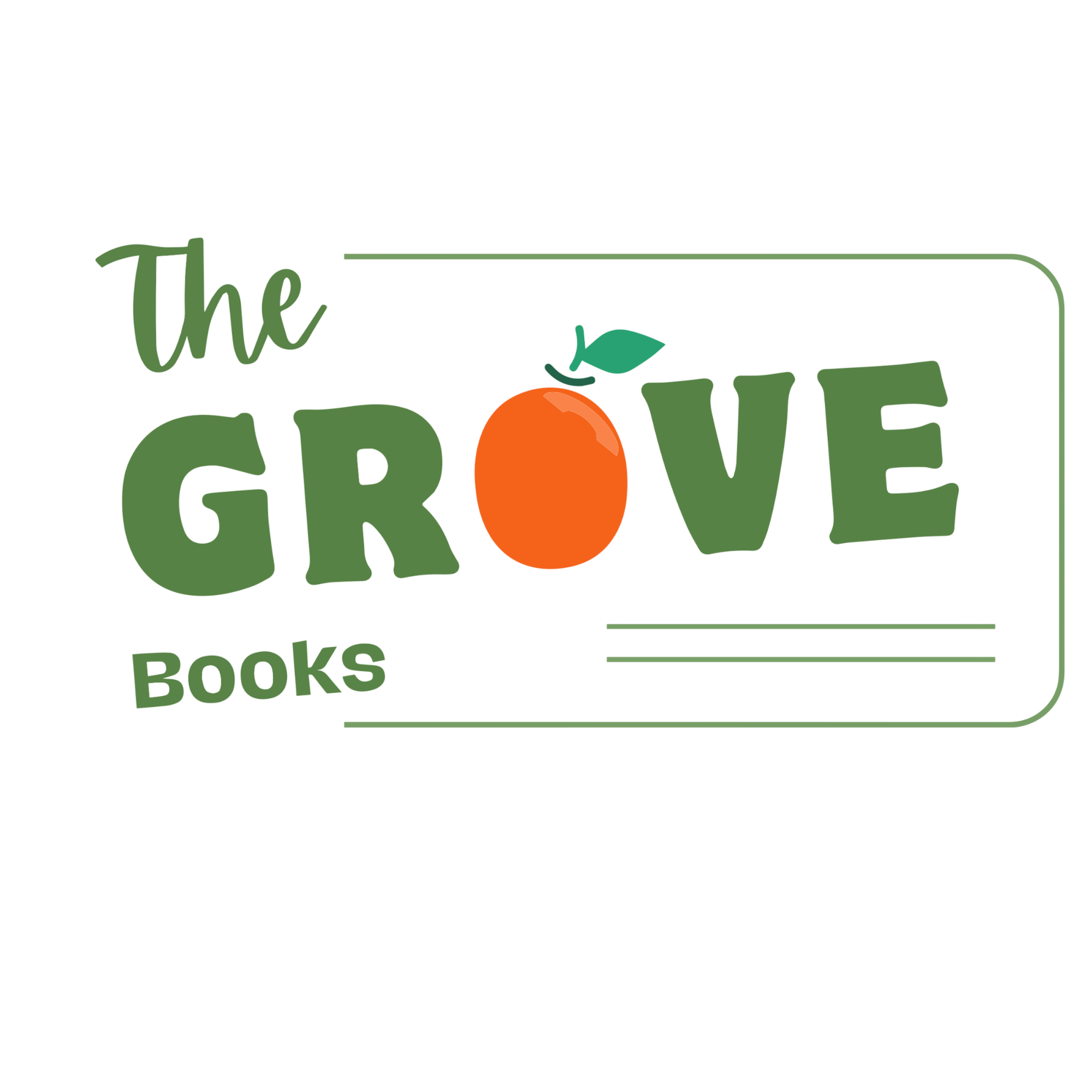 Decorative logo for The GROW Bookstore, featuring green and orange colors, with a leaf and a stylized open book motif.