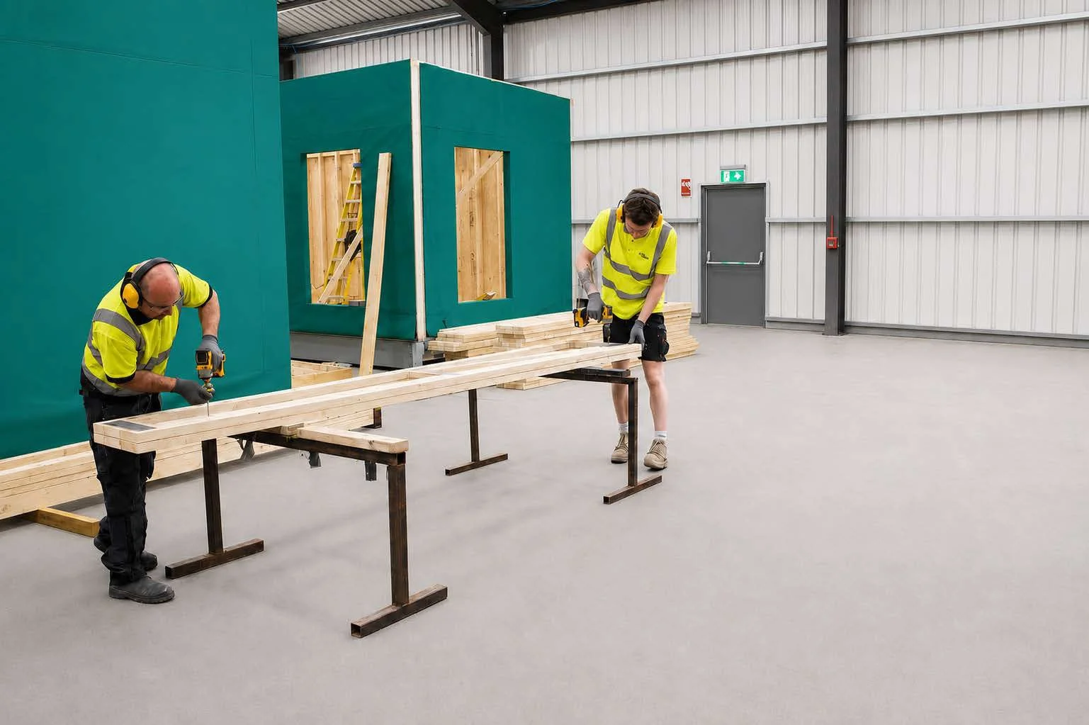 Two construction workers in yellow safety vests working with wooden planks in an indoor warehouse. One is using a drill, and a green structure is in the background.