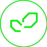 A neon green outline of a sprouting leaf inside a neon green circle on a black background.