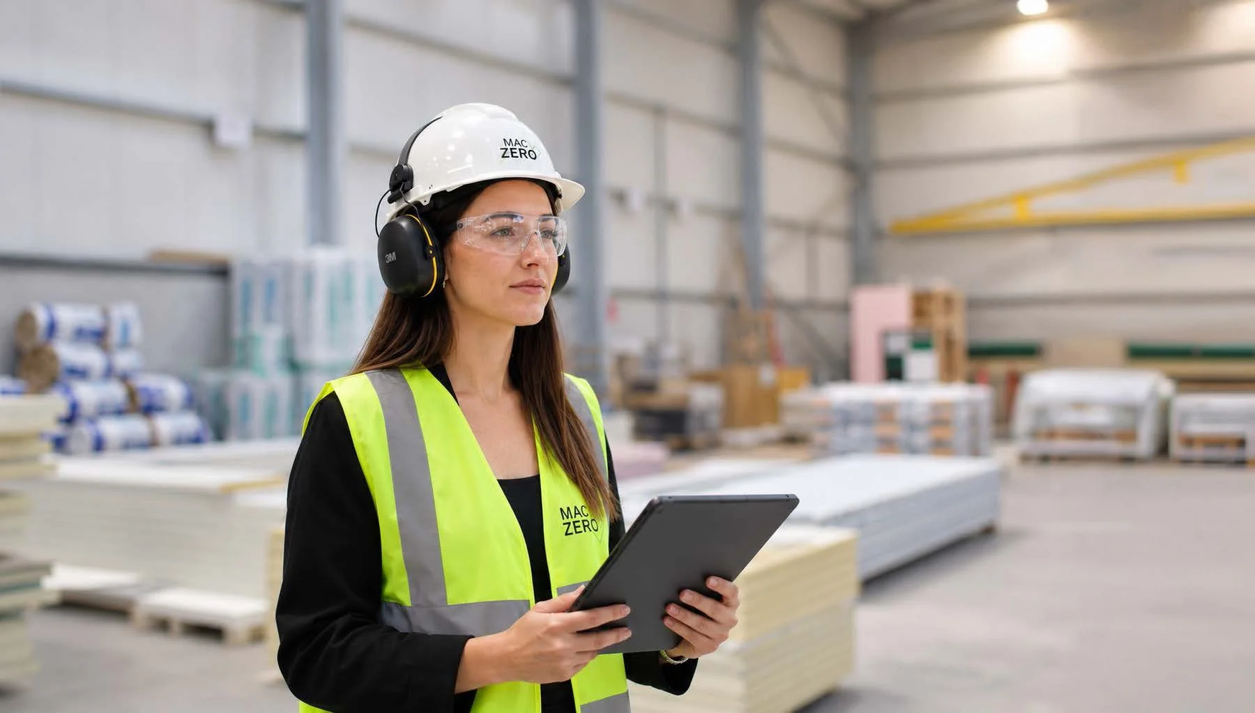 A woman in safety gear holding a tablet in an industrial warehouse, surrounded by stacks of construction or storage materials.