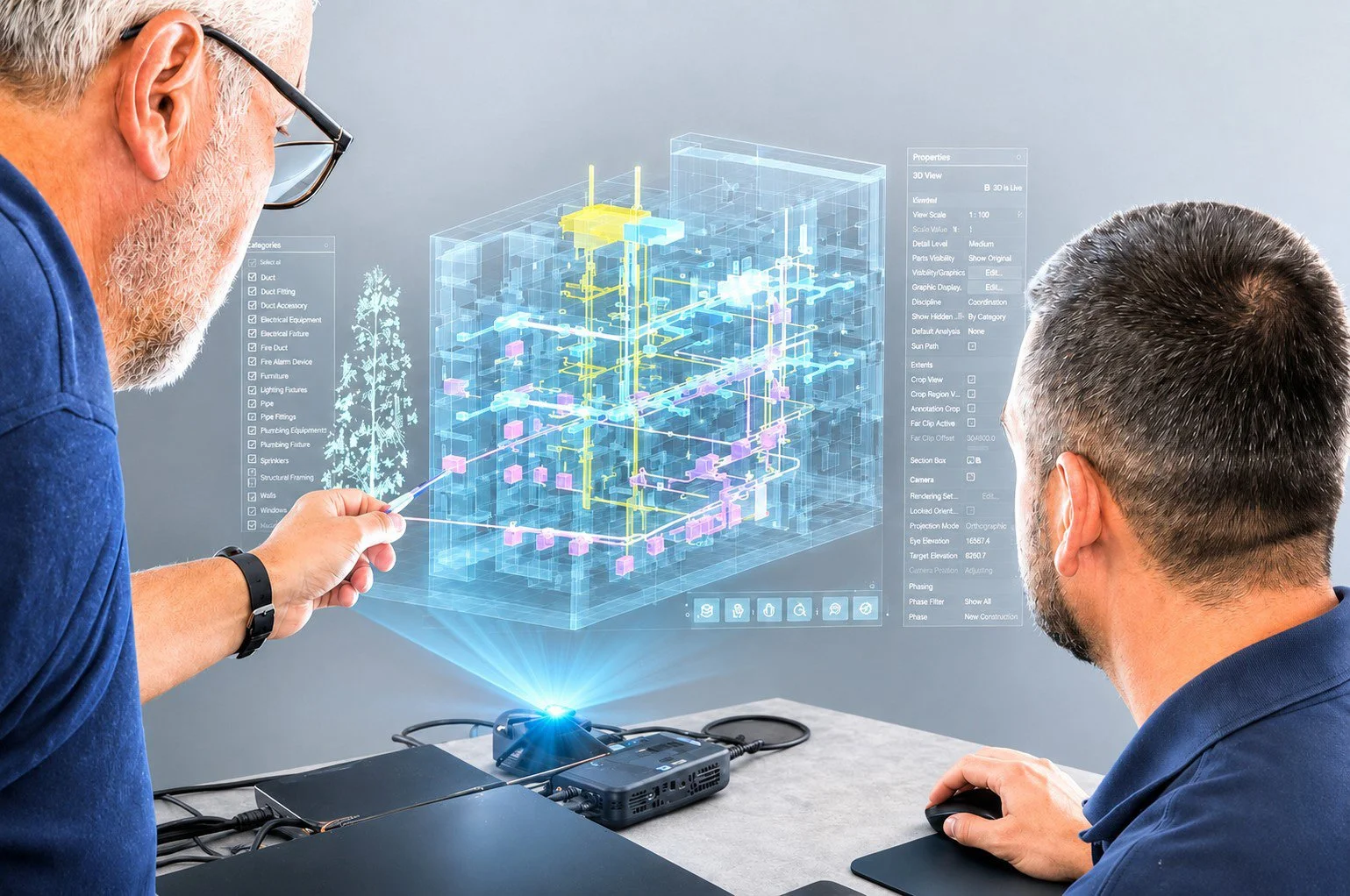 Two men analyzing a digital 3D building model displayed on a transparent screen, with one pointing at the model and the other operating a mouse.