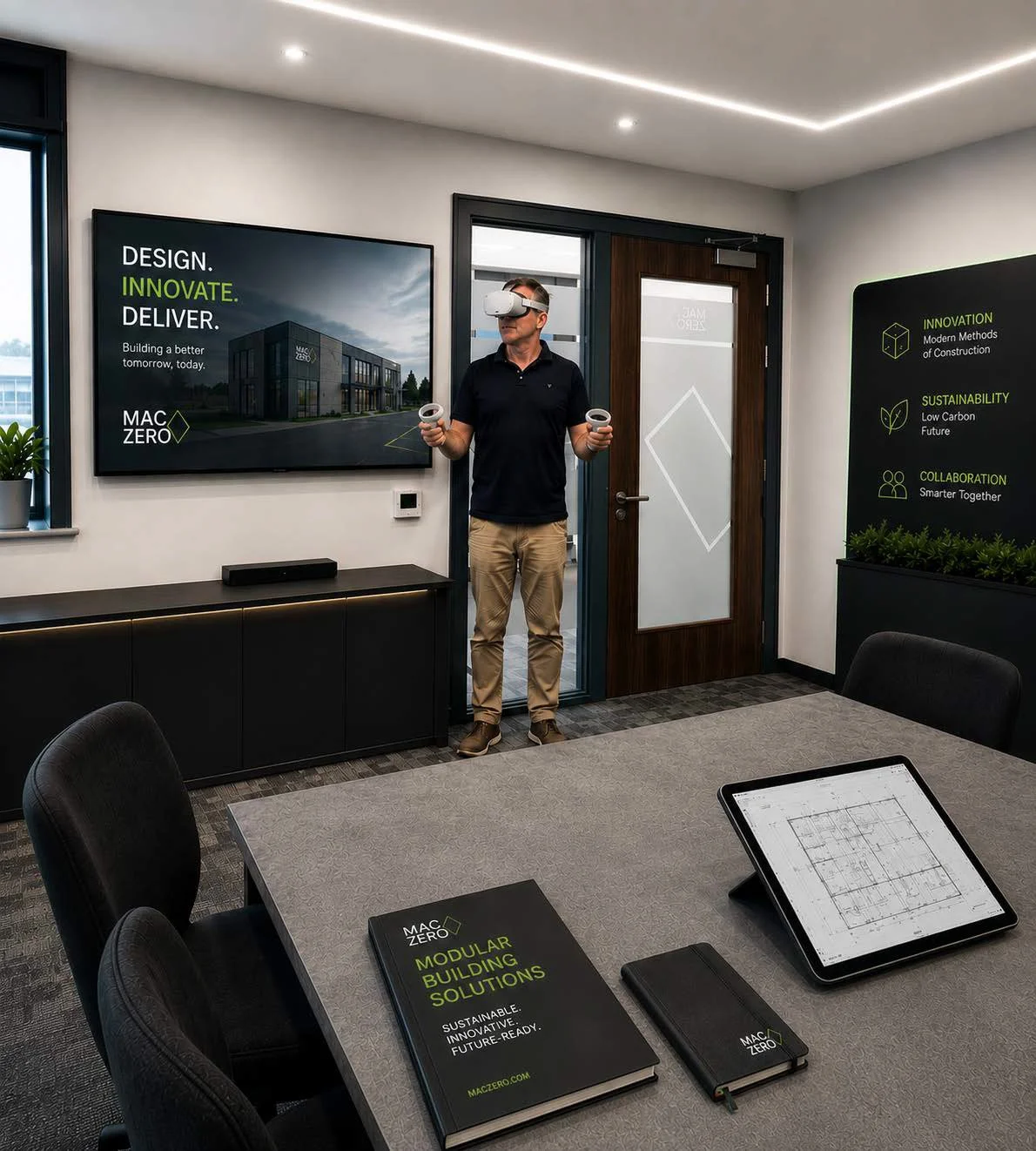 Man wearing virtual reality headset and holding controllers in a conference room with MacZero branding.