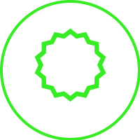 Image of a verification badge with a green outline, checkmark, and ribbons.