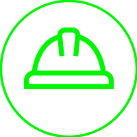 Green security helmet icon inside a green circle on a black background.