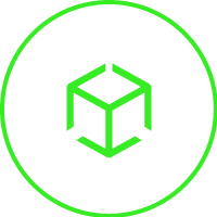 Icon of a green 3D cube with arrows pointing outward from three sides on a black background, surrounded by a green circle.