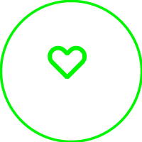 Outline of a human head with a heart inside, surrounded by a green circle.