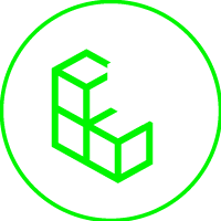 Logo with three cube illustrations in white and green, arranged in a triangular pattern, enclosed in a green circular border.