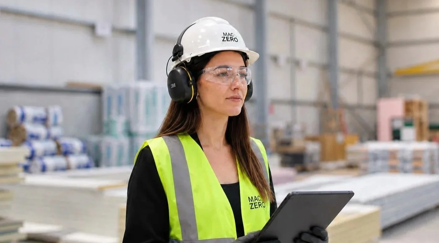 A woman working in a warehouse wearing safety gear including a hard hat, safety glasses, ear protection, and a high-visibility vest. She is holding a tablet in her hands.