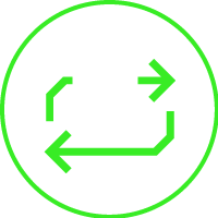Icon of a building with two green arrows forming a circle around it, indicating revolving or looping.