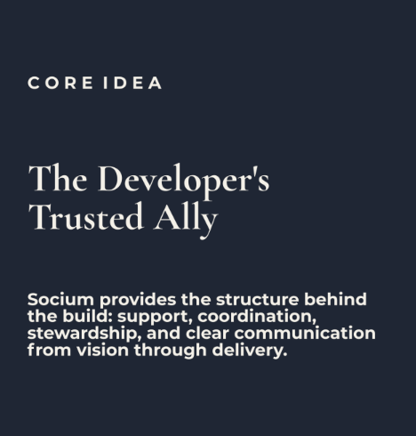 Dark blue slide with white text reading 'Core Idea: The Developer's Trusted Ally' and a paragraph explaining the supportive role of Socium in software development.