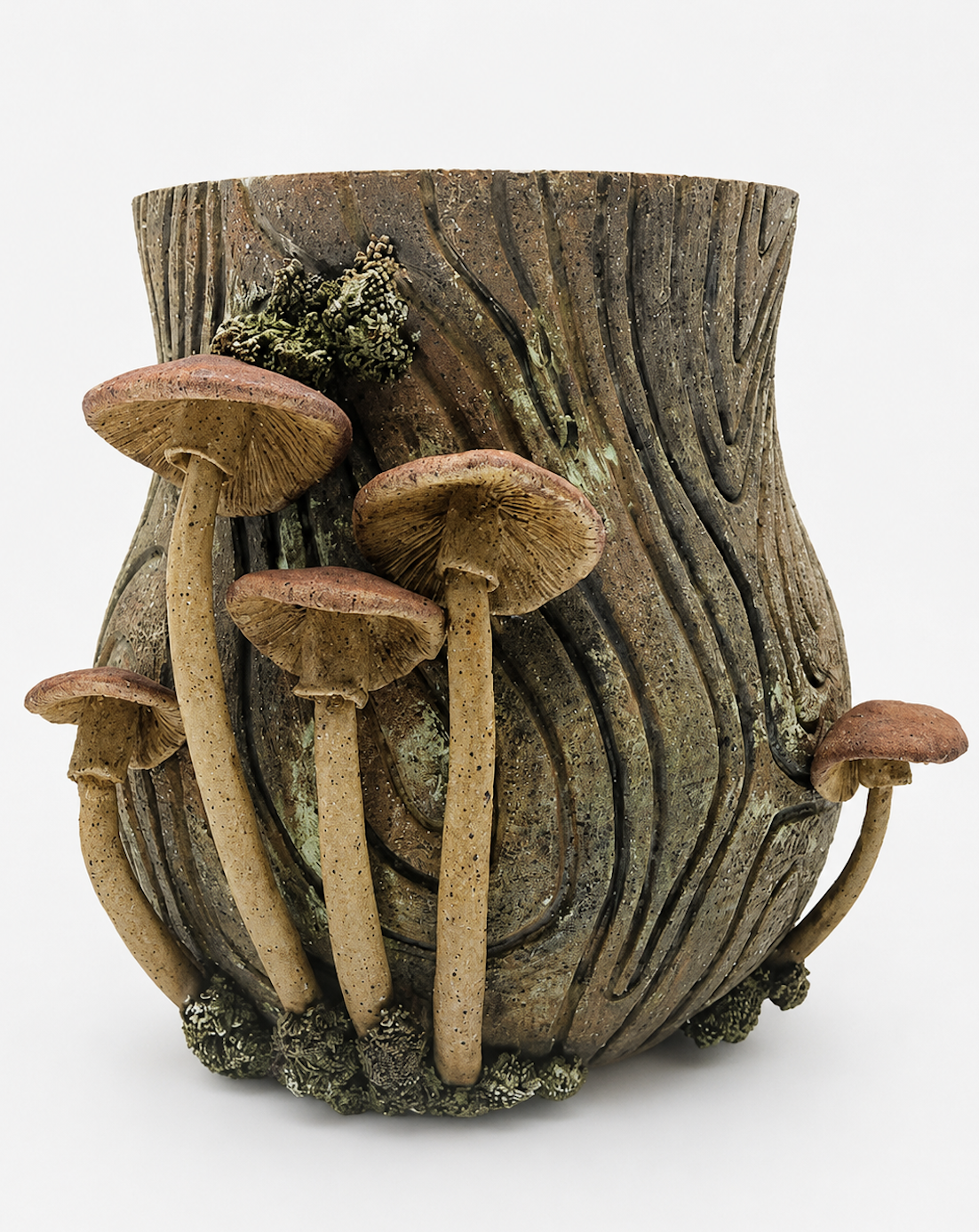 Earthy Tree Trunk Vase with Mushrooms
