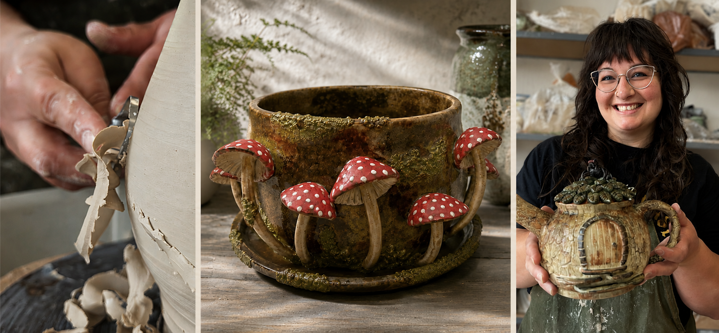 Three photos showing the process of creating ceramics. The first photo shows a person carving clay; the second displays a finished ceramic mug decorated with red and white mushrooms; the third features a woman holding the finished teapot.