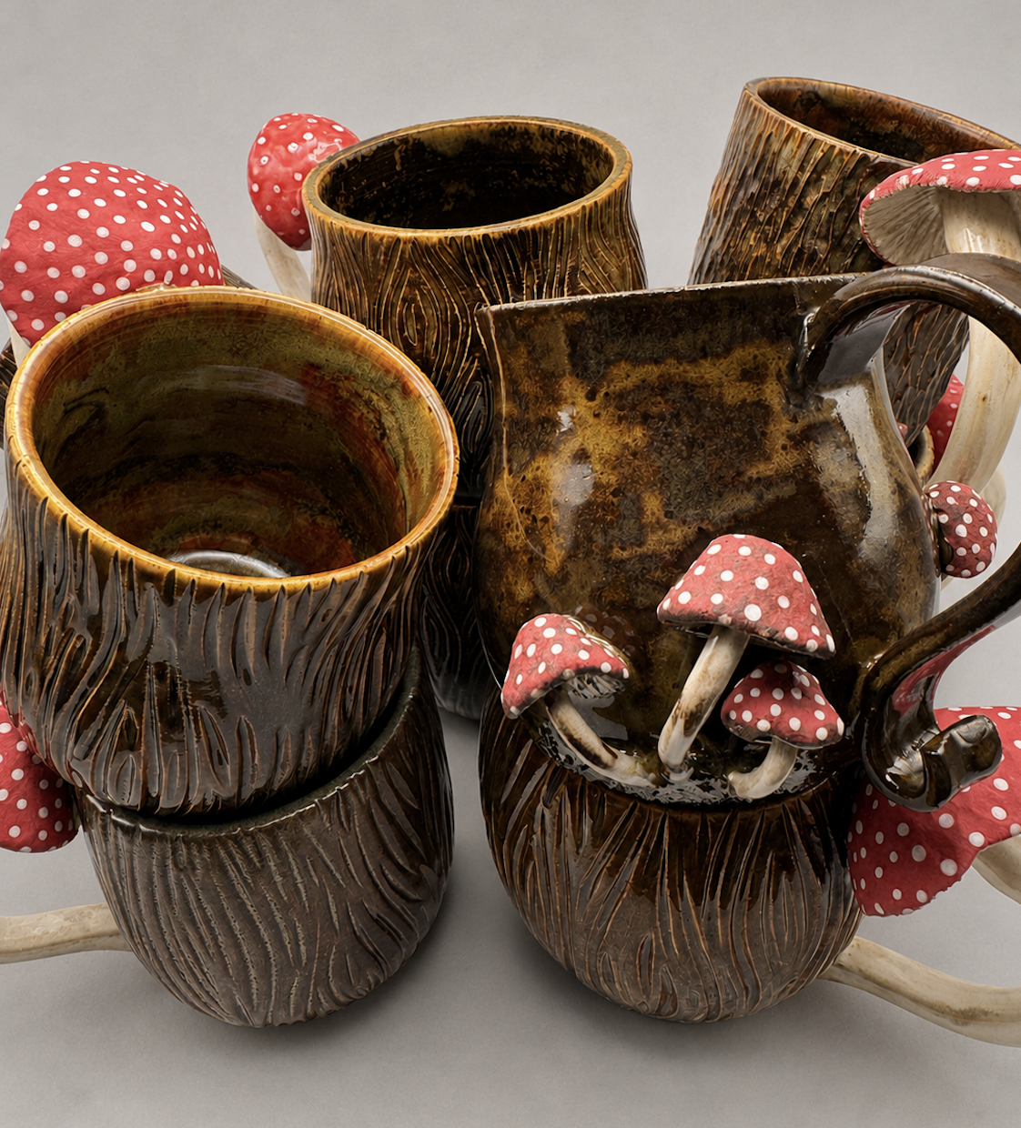 A collection of ceramic mugs with a woodgrain texture, decorated with red mushrooms with white spots.