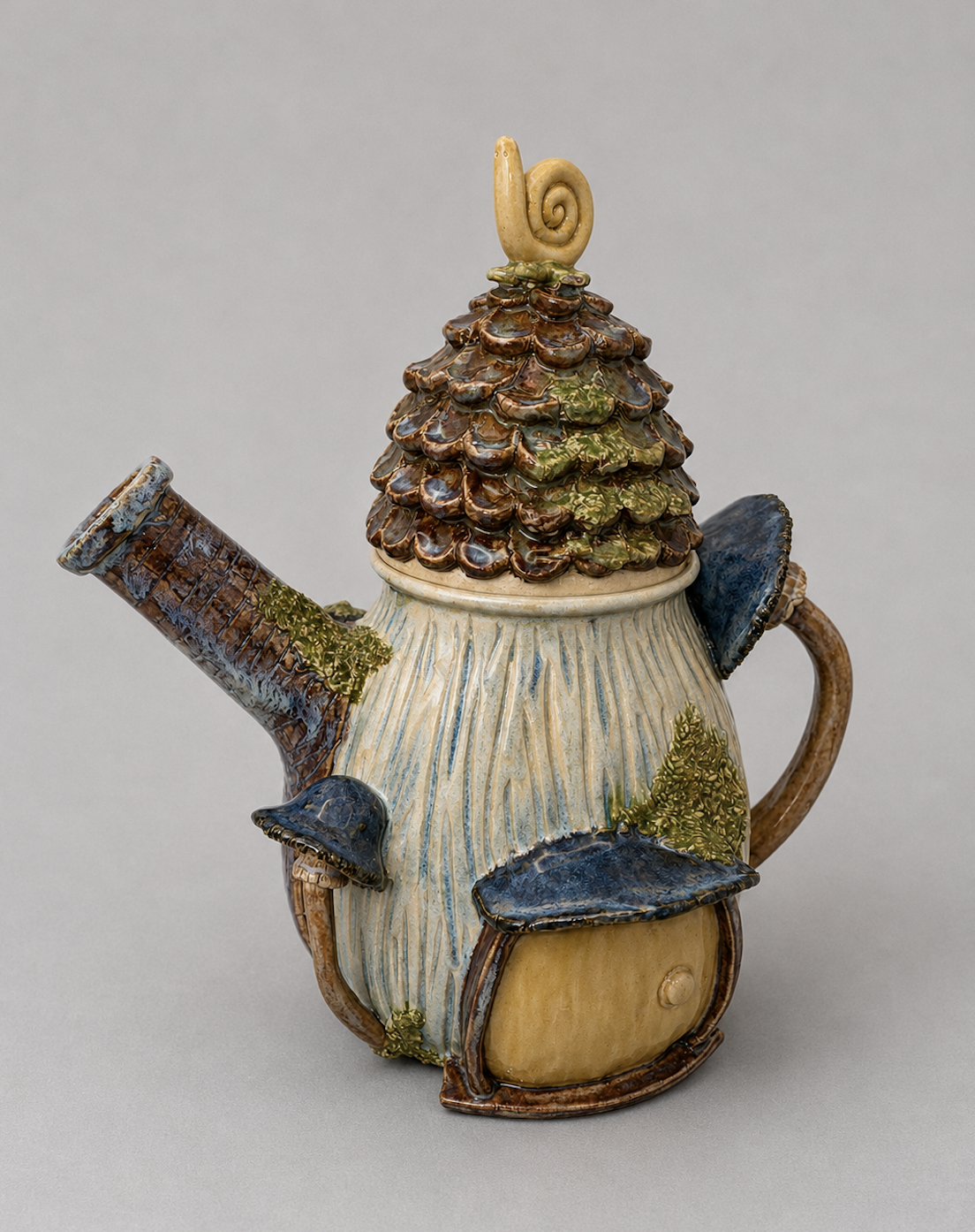 A ceramic teapot with a design resembling a tree trunk, featuring a roof-like lid with textured, leaf-like shingles, and a spout and handle resembling tree branches, decorated with small green plants.