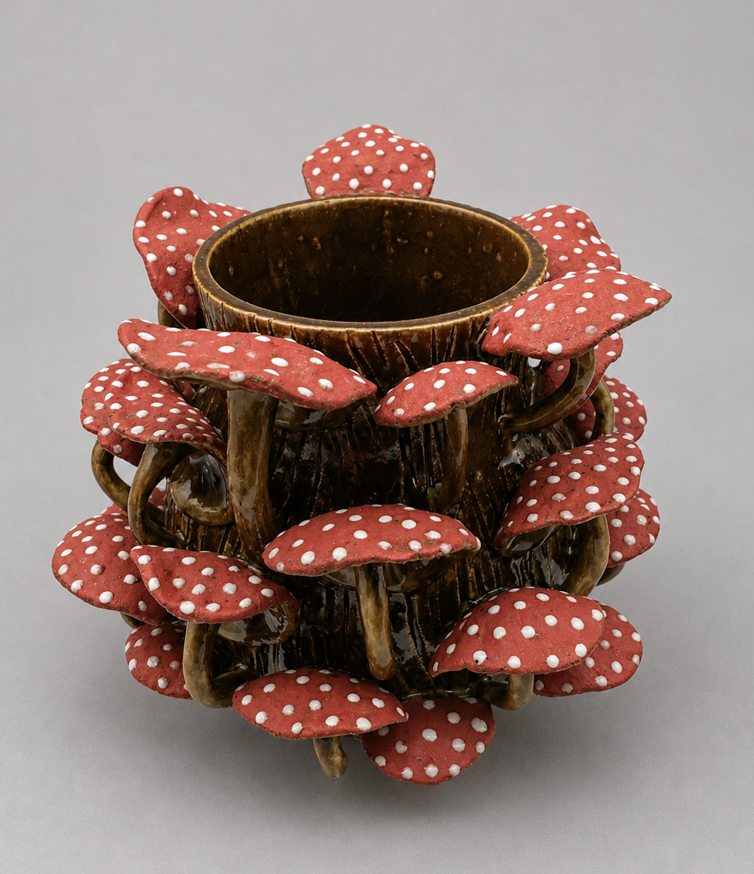 Ceramic cup holder designed to look like red and white polka-dotted mushrooms, with a pot in the middle, likely for holding a plant or other decorative purpose.