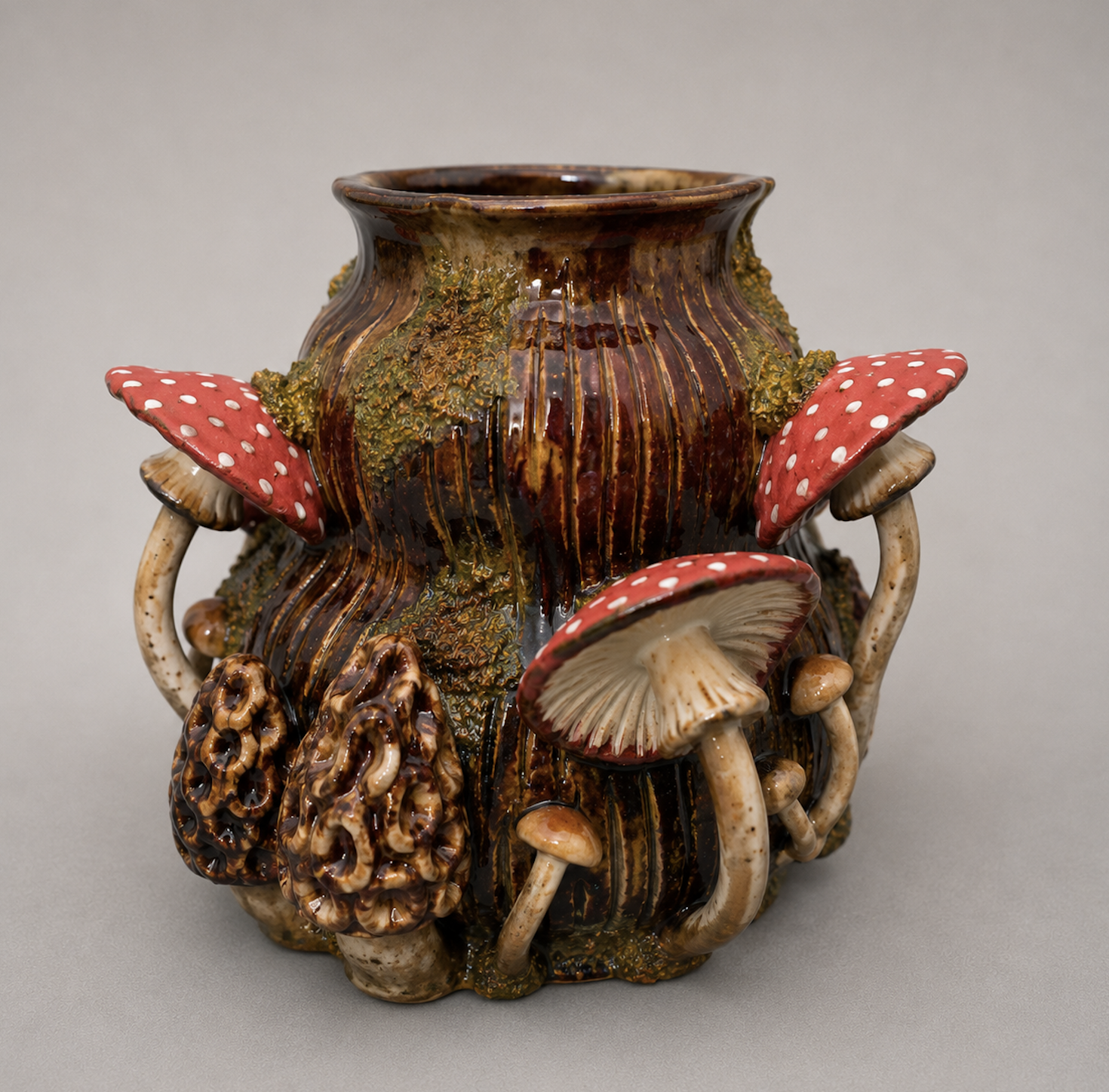 A tall ceramic vase decorated with mushrooms and forest elements, featuring red-capped mushrooms with white spots, beige and brown fungus, and green moss textures.