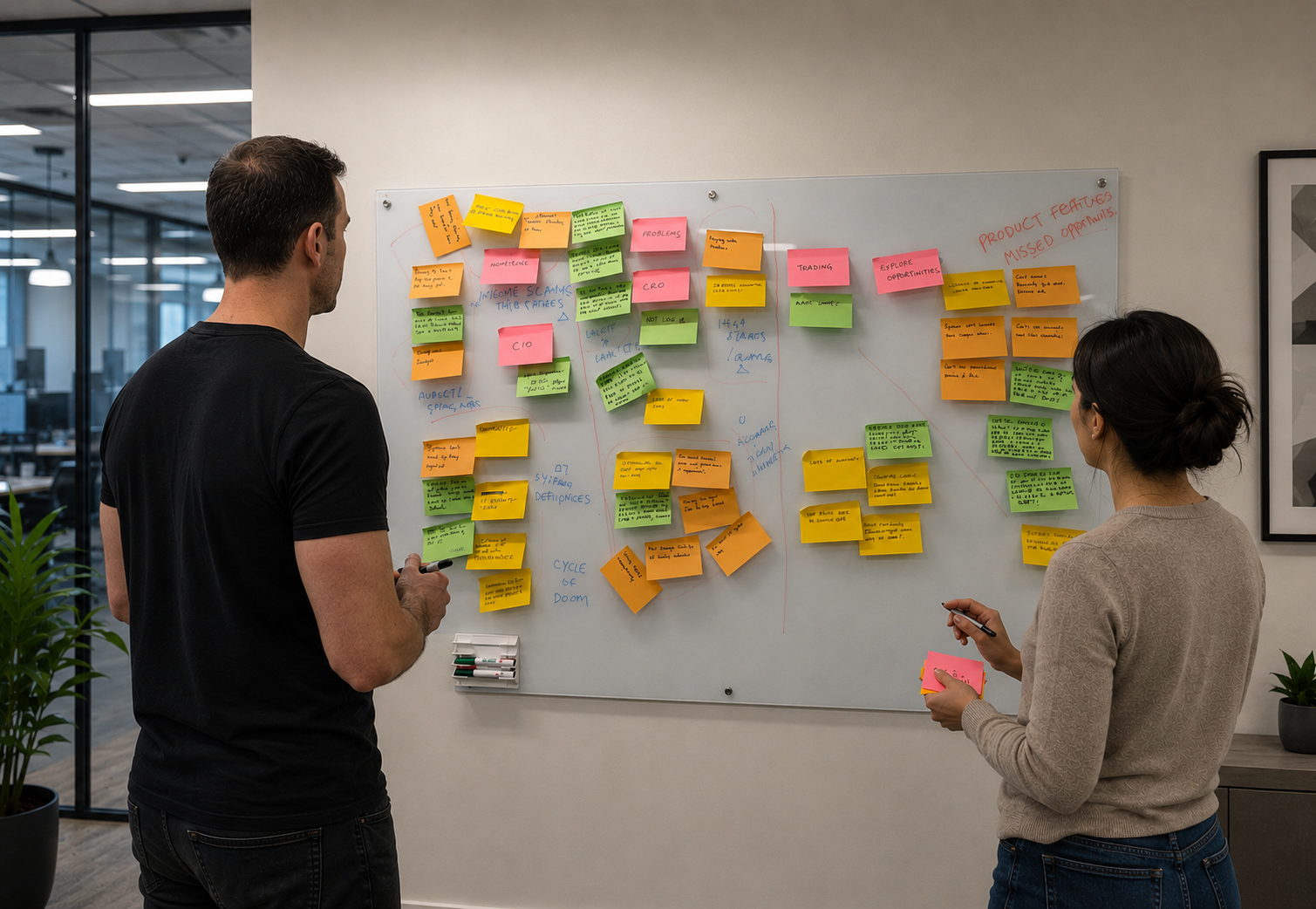 Two people standing in front of a whiteboard filled with colorful sticky notes, discussing ideas in an office setting.