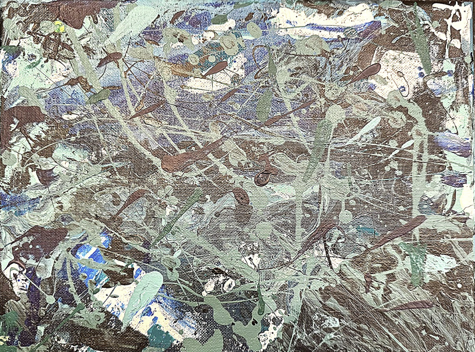 Abstract expressionist painting with splashes and streaks of green, brown, blue, and white paint layered in a chaotic, textured manner.