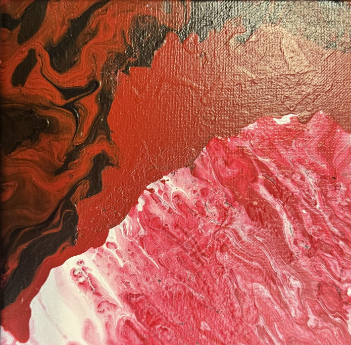 Close-up of an abstract acrylic painting with swirls of red, pink, brown, and black colors.
