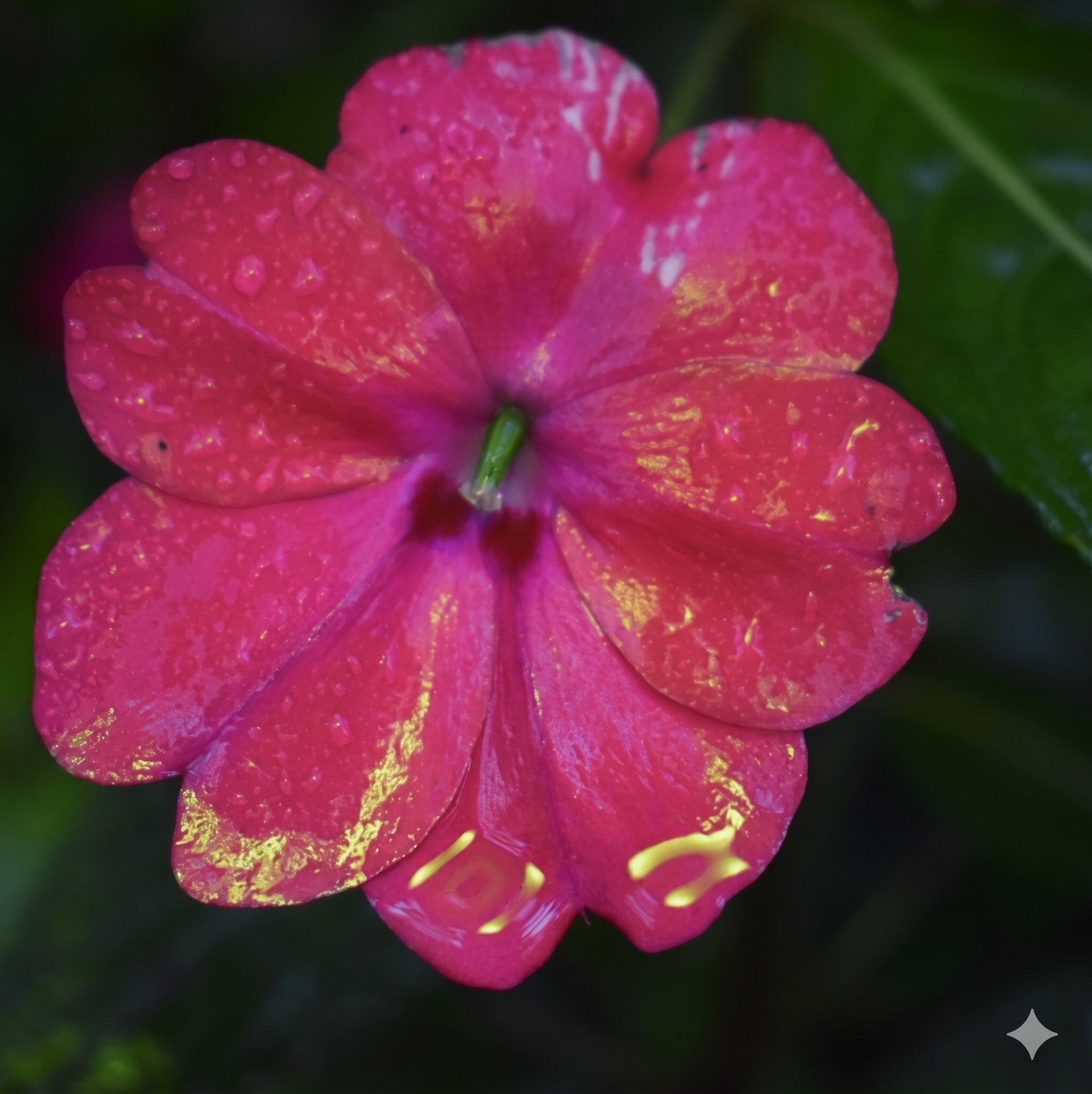 Close-up of a pink flower with veined petals and water droplets on its surface, set against a blurred green background.
