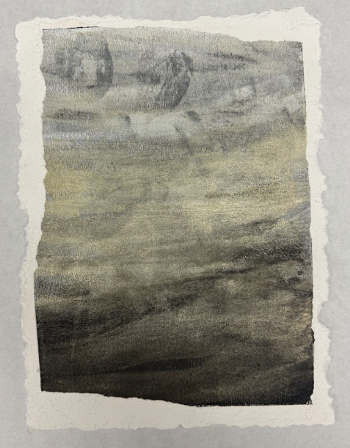 Abstract watercolor painting with muted tones of gray, black, and yellow.