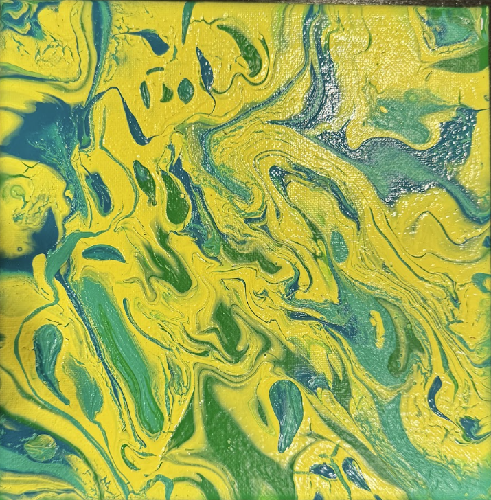 Abstract painting with swirling yellow, green, and hints of blue colors.
