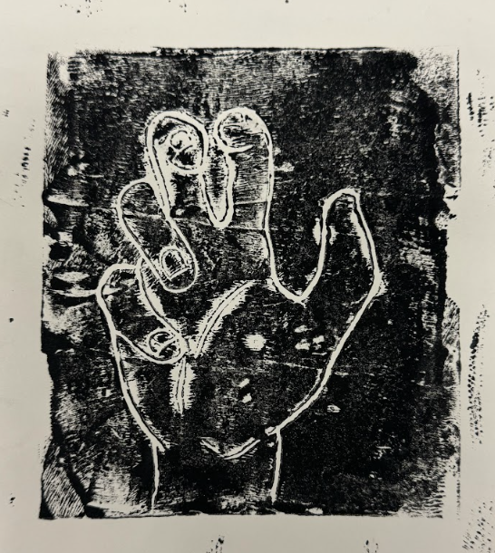 Line art drawing of a hand making the 'I love you' hand sign.
