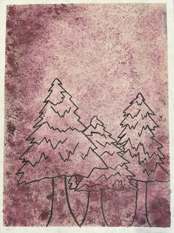 Line drawing of four pine trees on a textured pink background.