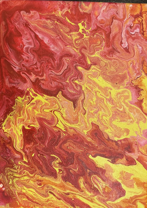 Abstract painting with swirling patterns of red, yellow, and orange colors.