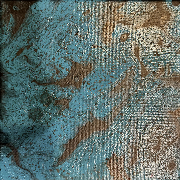 Abstract painting with blue, brown, and black swirls and splatters.