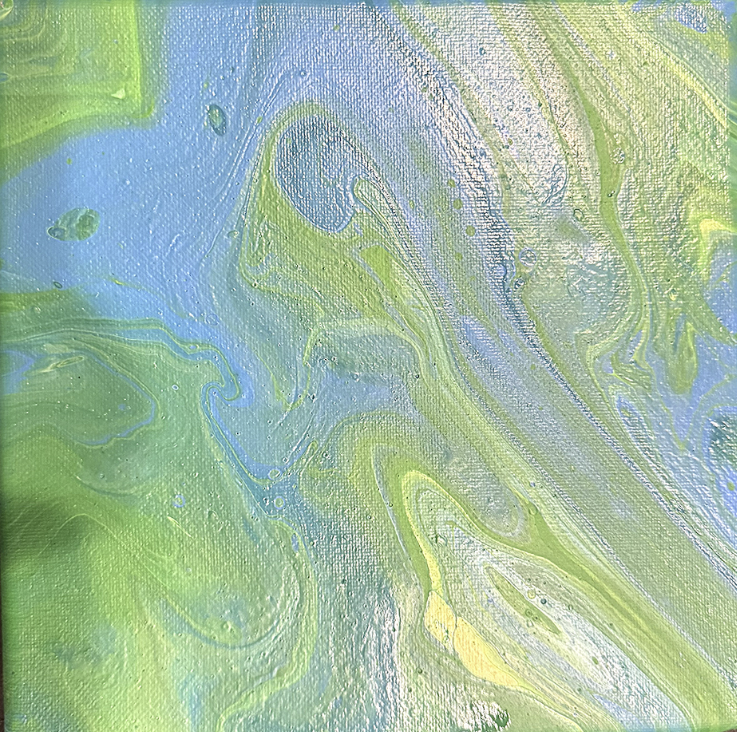 Abstract painting with swirling blue, green, and yellow colors.