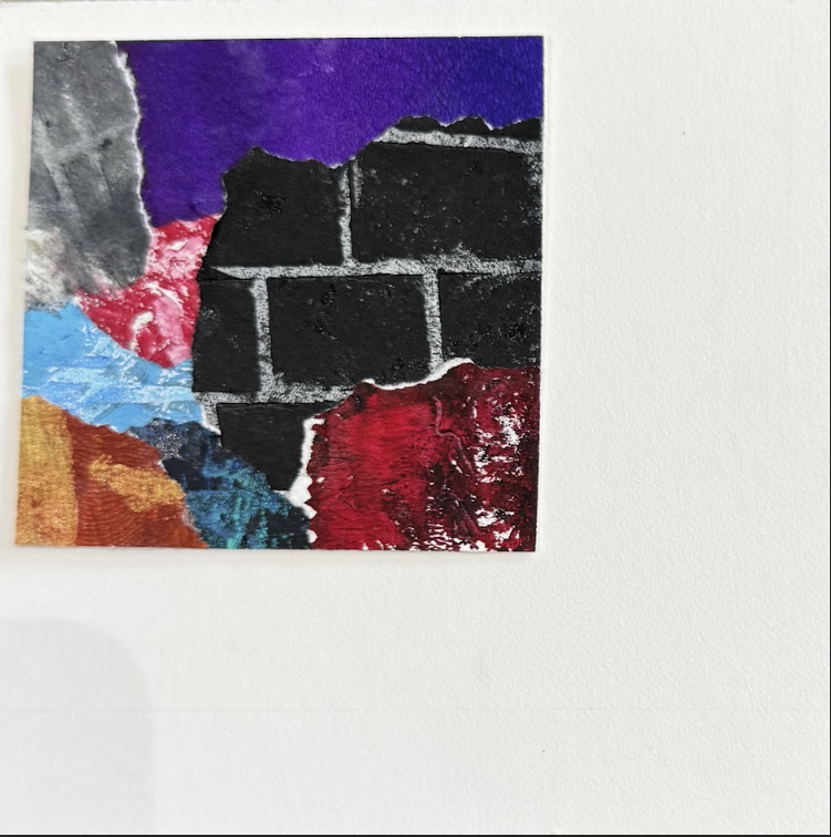 Collage with torn paper and painted textures, including black brick pattern, purple, red, blue, gray, and orange sections.