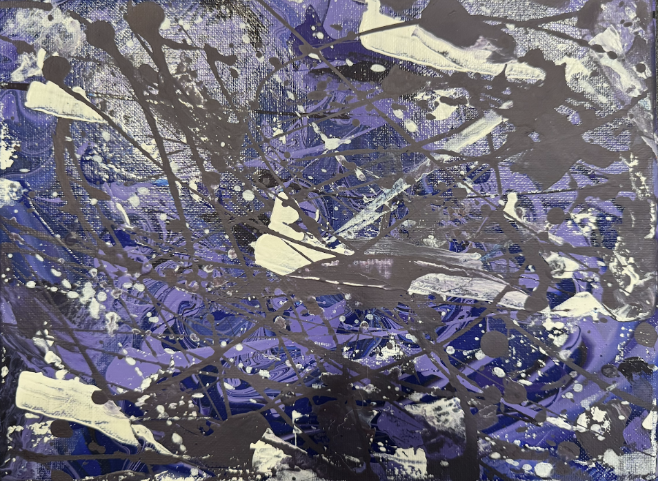 Abstract painting with splashes and drips of black, white, and purple paint.