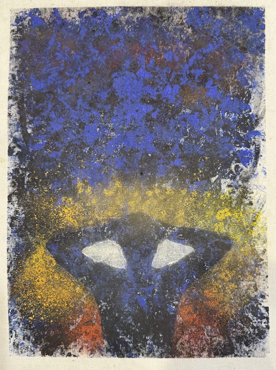 Abstract painting featuring a black panther with glowing white eyes, surrounded by splashes of blue, yellow, and red paint.