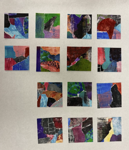 Collage of 15 small, abstract, torn paper artworks arranged in a grid on a white background.