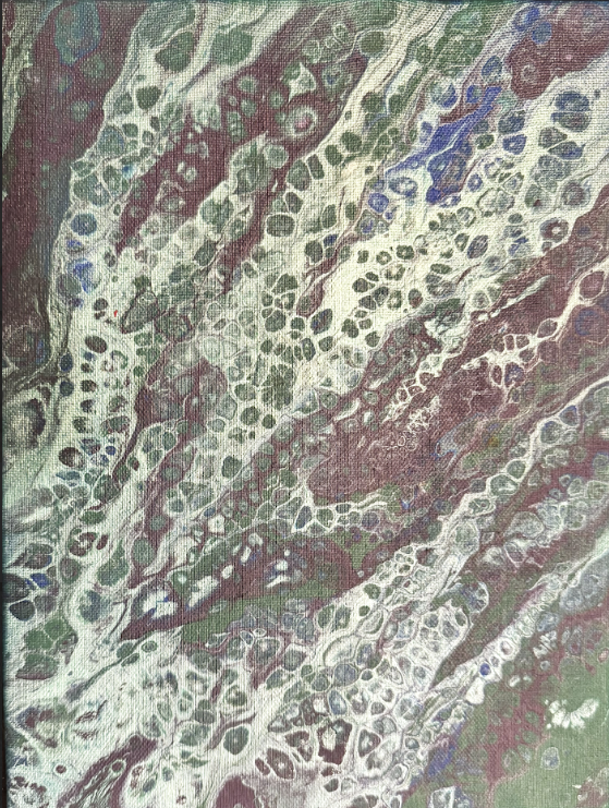 Abstract painting with swirling patterns in green, brown, white, and hints of blue.